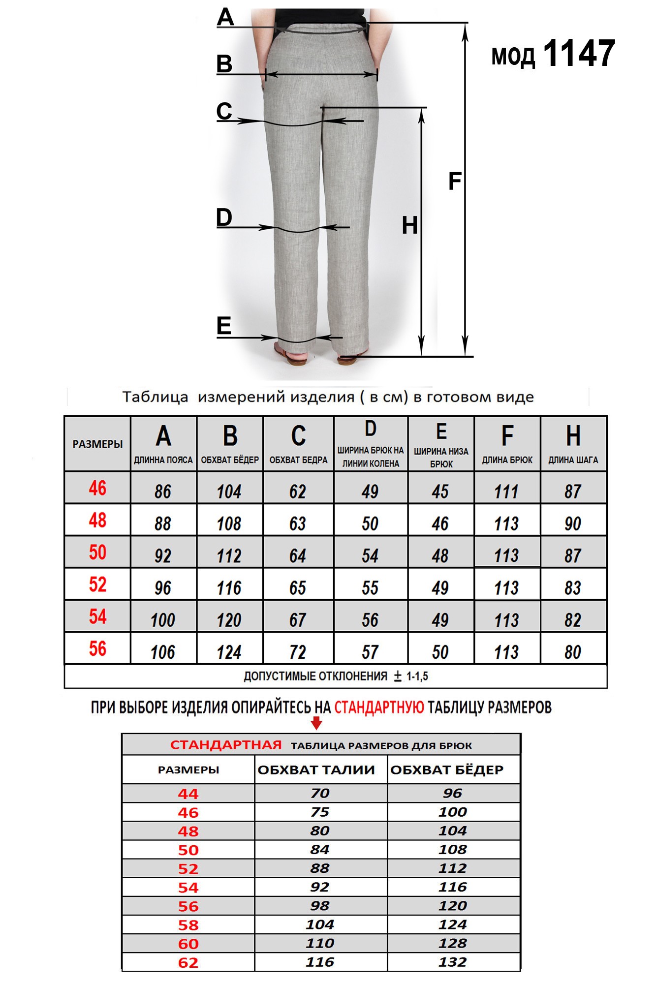 Размерная таблица женские брюки 46-48
